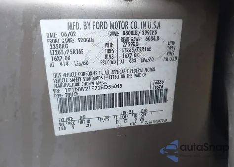 2002 Ford F-250 Lariat/Xl/Xlt z USA, uszkodzony, nr VIN 1FTNW21F72ED55045